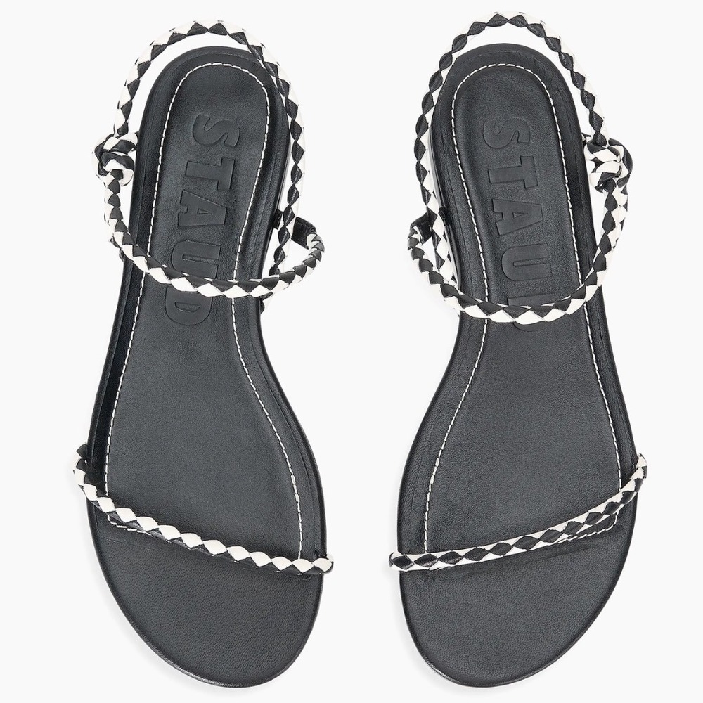 Staud Laurel Woven Theater Sandals Black White Leather Strappy Flats New! - Picture 4 of 11